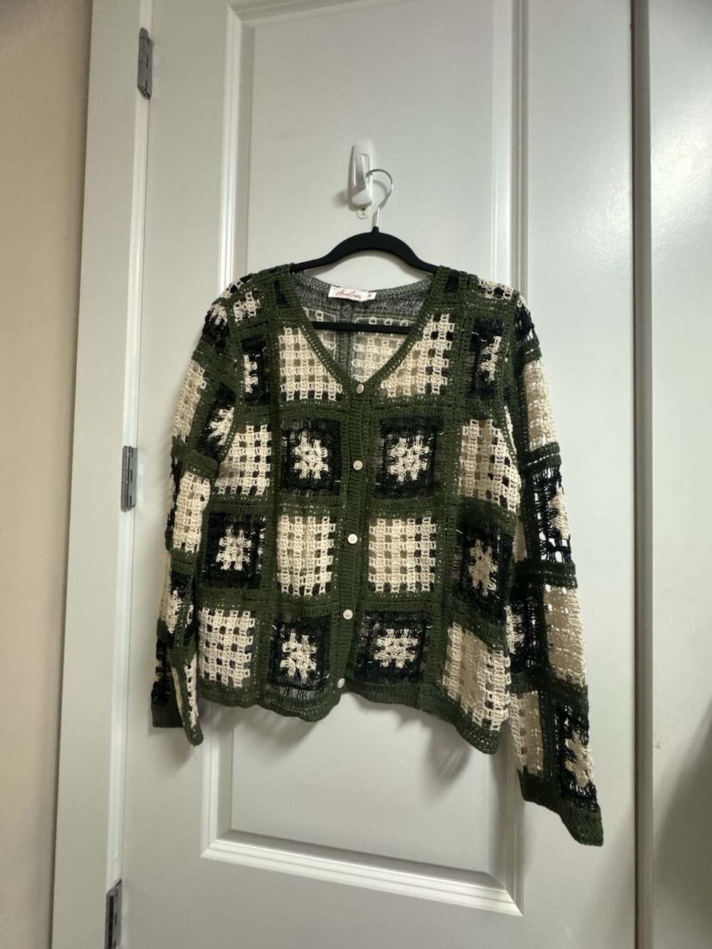 Anneliese Cardigan womens Size M Green Black Crochet Sweater